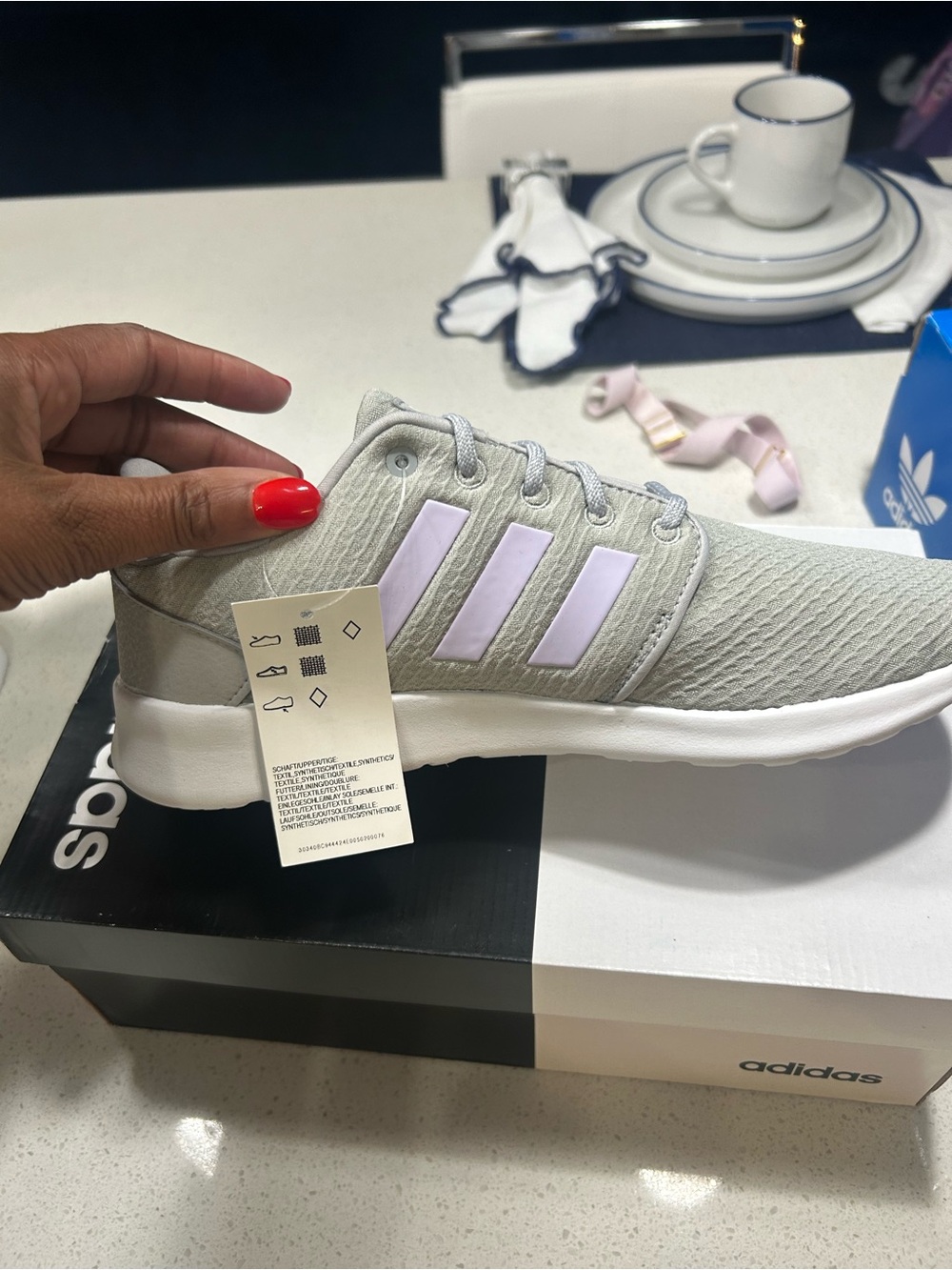 adidas Women's Light Gray Sneaker with Pale Lilac Stripes